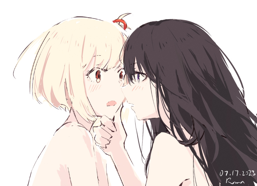 2girls artist_name black_hair blonde_hair blush dated eye_contact hair_between_eyes hair_ribbon hand_on_another's_chin highres imminent_kiss inoue_takina looking_at_another lycoris_recoil multiple_girls nishikigi_chisato one_side_up open_mouth red_eyes red_ribbon ribbon rnna short_hair simple_background upper_body violet_eyes white_background yuri
