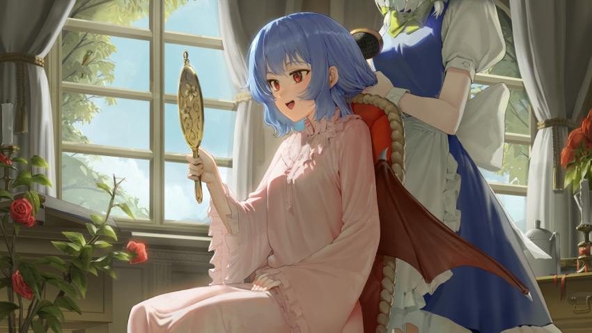 2girls absurdres apron bat_wings blue_dress blue_hair blush braid brown_wings chair commentary dress english_commentary flower frilled_apron frilled_sleeves frills goback grey_hair highres holding holding_mirror indoors izayoi_sakuya long_sleeves maid_apron mirror multiple_girls open_mouth pink_dress puffy_short_sleeves puffy_sleeves red_eyes red_flower red_rose remilia_scarlet rose shirt short_hair short_sleeves sitting smile touhou twin_braids waist_apron white_apron white_shirt wide_sleeves wings