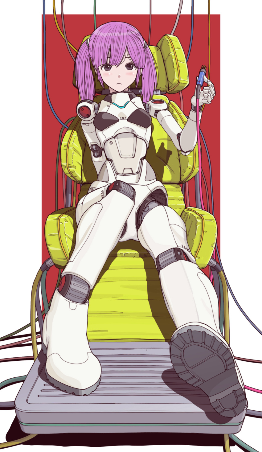 1girl android cable chair full_body grey_eyes highres joints long_hair looking_at_viewer mechanical_parts original purple_hair robot_joints science_fiction sitting solo sukabu twintails