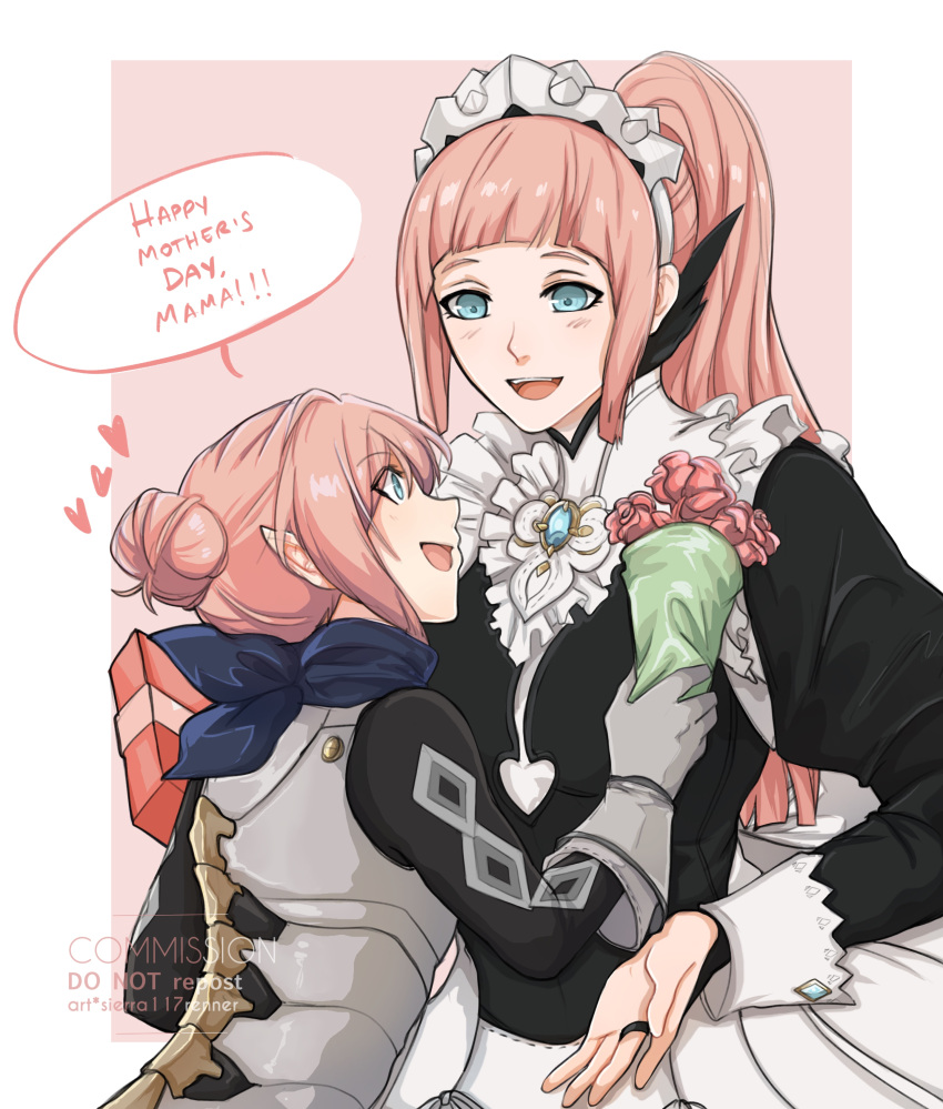 2girls absurdres black_dress blue_eyes closed_mouth commission dress english_commentary english_text felicia_(fire_emblem) fire_emblem fire_emblem_fates flower hair_bun heart highres juliet_sleeves kana_(female)_(fire_emblem) kana_(fire_emblem) long_sleeves looking_at_another maid maid_headdress mother's_day mother_and_daughter multiple_girls open_mouth pink_flower pink_hair pointy_ears ponytail puffy_sleeves sierra117renner smile speech_bubble