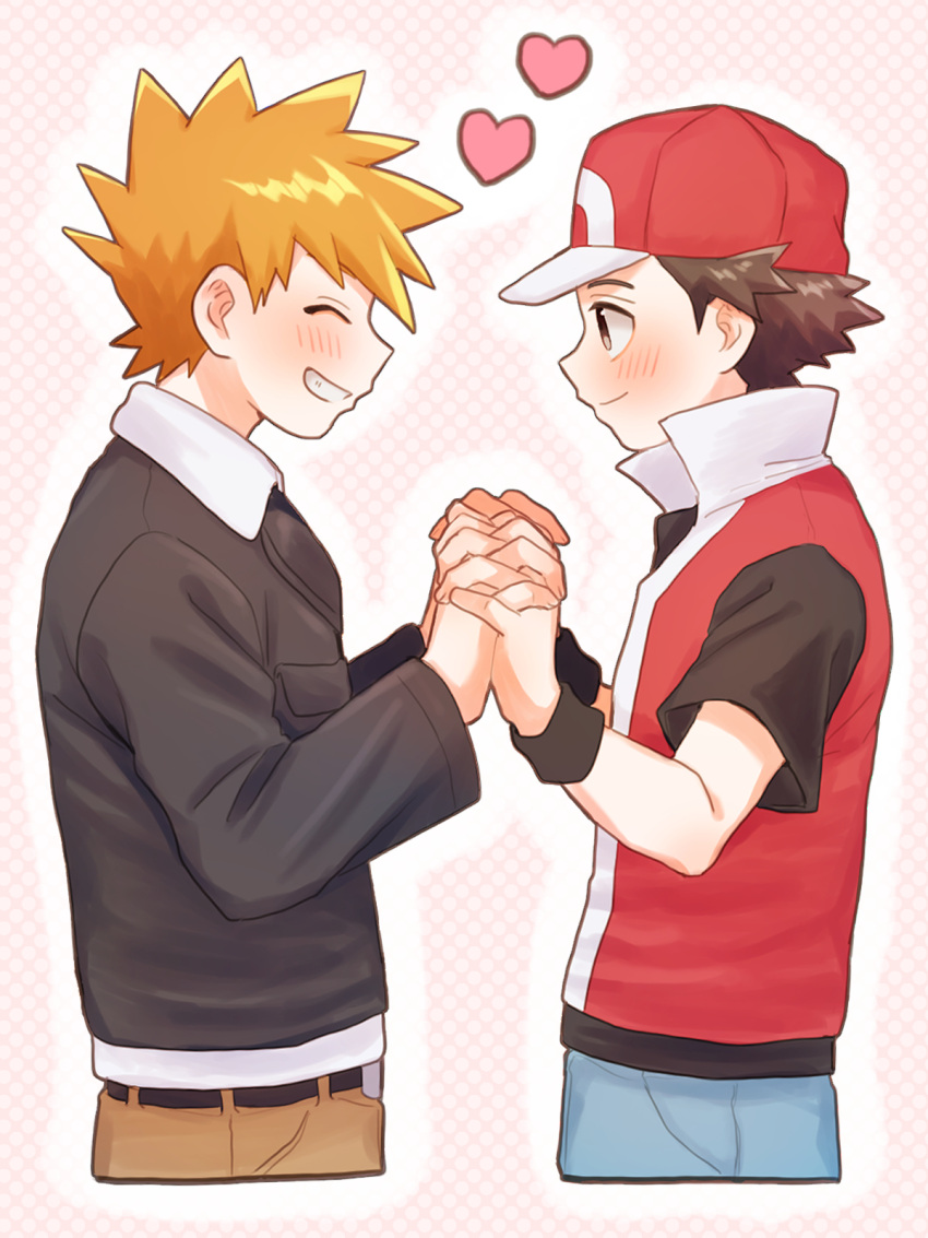 2boys belt belt_buckle blonde_hair blue_oak blush brown_hair buckle closed_eyes closed_mouth commentary_request grin hands_up heart highres holding_hands jacket long_sleeves looking_at_another male_focus mochi_(mocchi_p_2m) multiple_boys pants pokemon pokemon_hgss red_(pokemon) red_hat red_vest shirt short_hair short_sleeves smile spiky_hair teeth vest wristband