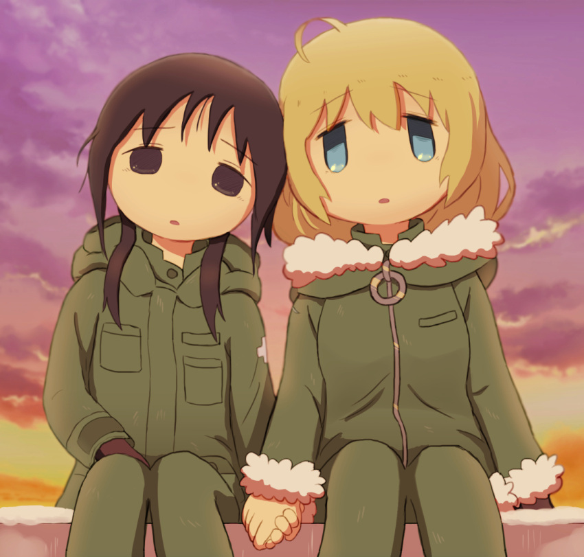 2girls ahoge asdfg21 black_eyes black_gloves black_hair blonde_hair blue_eyes chito_(shoujo_shuumatsu_ryokou) clouds cloudy_sky coat cowboy_shot cross english_commentary evening fur-trimmed_coat fur_trim gloves green_coat green_jacket green_pants heads_together holding_hands jacket multiple_girls open_mouth outdoors pants parted_bangs parted_lips shoujo_shuumatsu_ryokou sitting sky twilight yuri yuuri_(shoujo_shuumatsu_ryokou) zipper