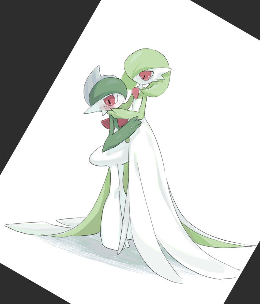 1boy 1girl artist_name averting_eyes black_border blue_hair blush bob_cut border closed_mouth colored_skin commentary embarrassed flat_chest from_side gallade gardevoir green_hair green_skin hair_over_one_eye hand_on_another's_arm hand_up hands_on_another's_cheeks hands_on_another's_face hands_up height_difference hetero highres legs_together looking_at_another looking_to_the_side mohawk multicolored_hair multicolored_skin one_eye_covered pokemon pokemon_(creature) red_eyes short_hair sideways_mouth signature simple_background sok_(mr14_c) sweat twitter_username two-tone_hair two-tone_skin wavy_mouth white_background white_skin