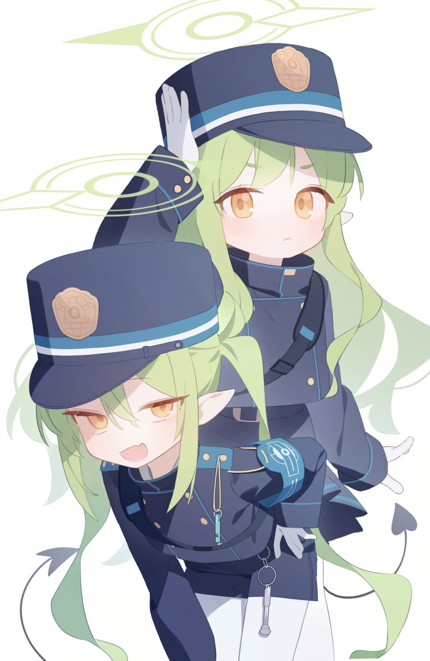 2girls absurdres black_hat black_tail blue_archive blush closed_mouth demon_tail doribae fang gloves green_hair green_halo halo hat highres long_hair long_sleeves multiple_girls open_mouth pantyhose peaked_cap pointy_ears skin_fang smile tail twintails white_gloves white_pantyhose yellow_eyes