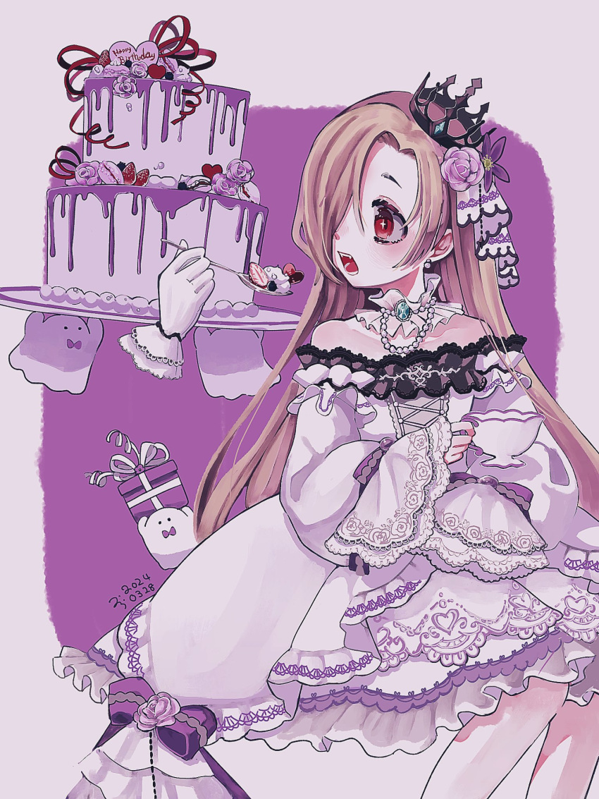 1girl bare_shoulders blonde_hair blush box cake crown cup disembodied_limb dress feeding flat_chest food frilled_dress frills fruit ghost gift gift_box hair_over_one_eye happy_birthday highres holding holding_cup holding_spoon idolmaster idolmaster_cinderella_girls long_hair open_mouth red_eyes shirasaka_koume solo spoon strawberry tilted_headwear tsurara_0w0 very_long_hair white_dress