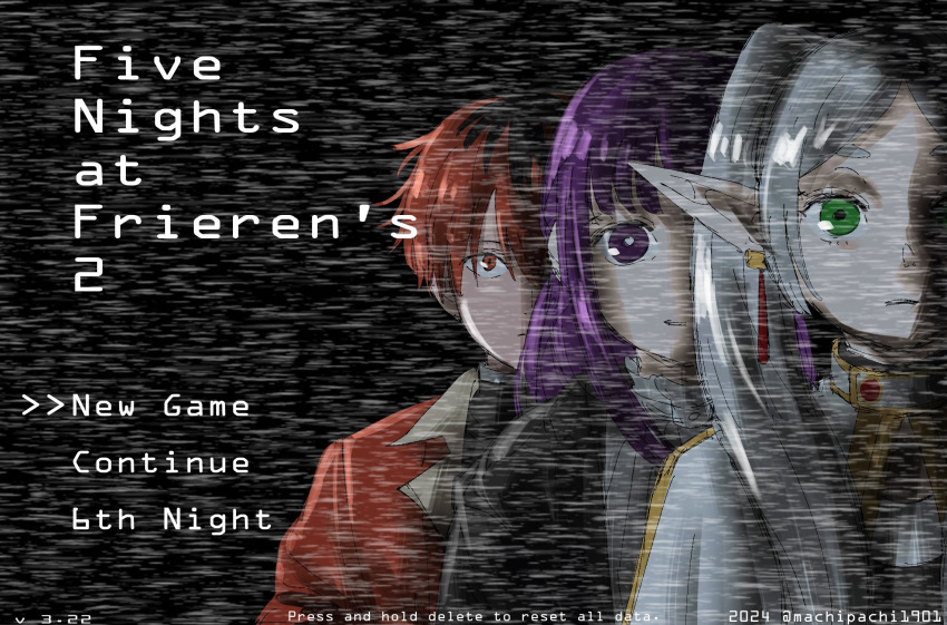 1boy 2girls black_coat capelet coat commentary dangle_earrings dress earrings english_commentary english_text five_nights_at_freddy's five_nights_at_freddy's_2 gold_trim green_eyes hair_over_shoulder heads-up_display highres jacket jewelry looking_at_viewer machipachi1901 multiple_girls pointy_ears purple_hair red_eyes red_jacket redhead sousou_no_frieren static straight-on twintails upper_body violet_eyes white_capelet white_dress