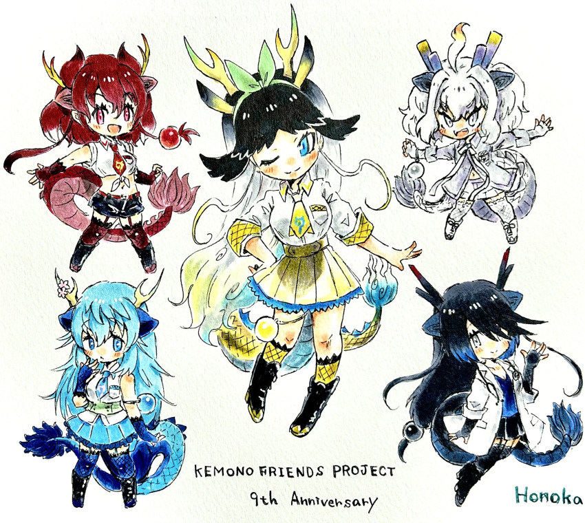 5girls animal_ears anniversary black_dragon_(kemono_friends) black_hair blue_dragon_(kemono_friends) blue_eyes blue_hair boots coat dragon_girl dragon_horns dragon_tail extra_ears gloves grey_eyes highres honoka3049 horns kemono_friends kirin_(kemono_friends) long_hair looking_at_viewer multicolored_hair multiple_girls necktie one_eye_closed red_dragon_(kemono_friends) red_eyes redhead shirt short_hair simple_background skirt sleeveless tail thigh-highs white_coat white_dragon_(kemono_friends) white_hair