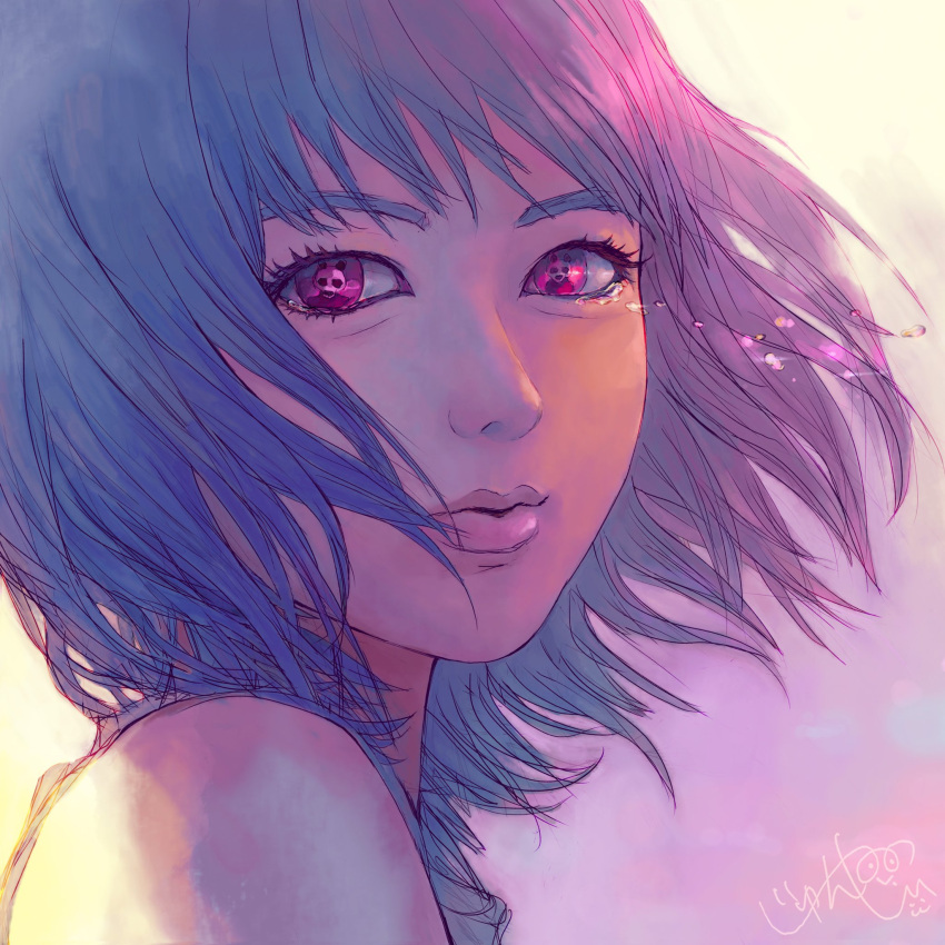 1girl aegyo_sal blue_hair commentary_request from_side highres junya17live lips looking_at_viewer medium_hair original pink_eyes portrait signature solo symbol-shaped_pupils tears
