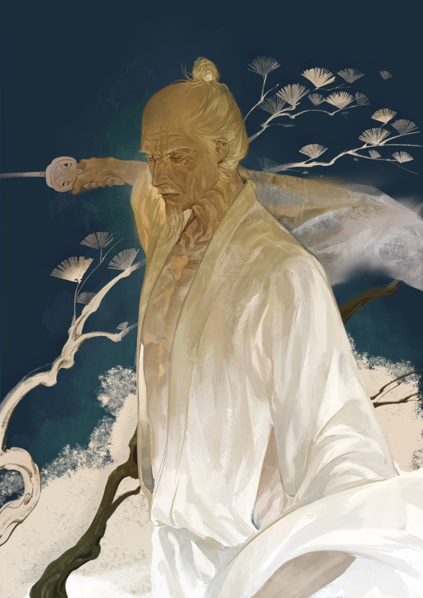 1boy ashina_isshin balding blue_background branch facial_hair goat highres holding holding_sword holding_weapon japanese_clothes looking_ahead male_focus mustache old old_man one_eye_closed outstretched_arm qi_dongye_yu robe scar scar_across_eye sekiro:_shadows_die_twice sword topknot weapon white_background white_hair white_robe