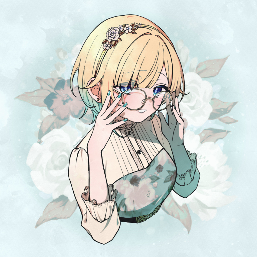 1girl adjusting_eyewear aizawa_ema aizawa_ema_(3rd_costume) belt blonde_hair blue_eyes blue_nails breasts dress earrings fingernails floral_print flower glasses gradient_hair grin hair_flower hair_ornament hairband half-sleeves haremoto highres jewelry lace-trimmed_collar lace-trimmed_sleeves lace_trim light_blush looking_at_viewer multicolored_hair nail_polish parted_bangs short_hair smile solo twitter_username upper_body virtual_youtuber vspo!