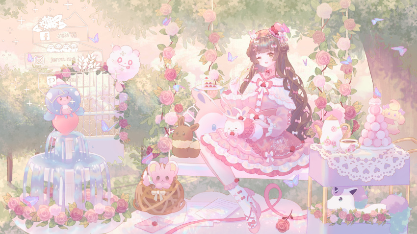 1girl alcremie alcremie_(ribbon_sweet) alcremie_(ruby_swirl) alternate_color bow brown_eyes brown_hair bug bush butterfly capelet cup day dress eevee facebook_logo flower food fountain galarian_ponyta hair_bow hat hattrem highres jen03426859 long_hair minccino mini_hat original outdoors pink_bow pink_dress pink_flower pink_hat pink_rose pokemon pokemon_(creature) rose shiny_pokemon sitting swirlix sylveon tea teacup teapot tree white_capelet white_footwear