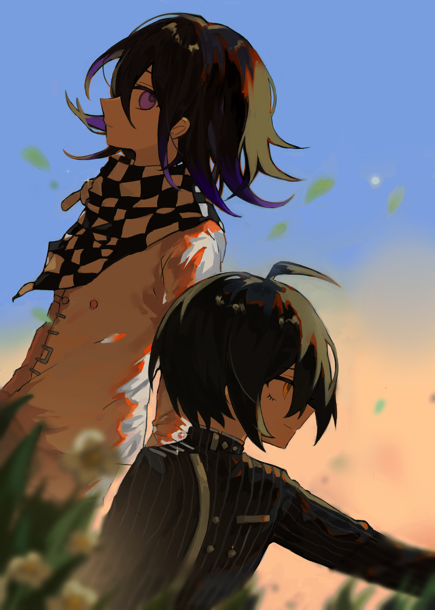 2boys absurdres ahoge black_hair blue_sky checkered_clothes checkered_scarf csuf3227 danganronpa_(series) danganronpa_v3:_killing_harmony evening facing_away from_side gradient_sky hair_between_eyes highres leaf light_smile looking_ahead looking_at_viewer male_focus multicolored_hair multiple_boys oma_kokichi on_grass outdoors pinstripe_pattern pinstripe_suit profile purple_hair saihara_shuichi scarf short_hair sitting sky standing suit two-tone_hair upper_body violet_eyes yellow_eyes yellow_sky