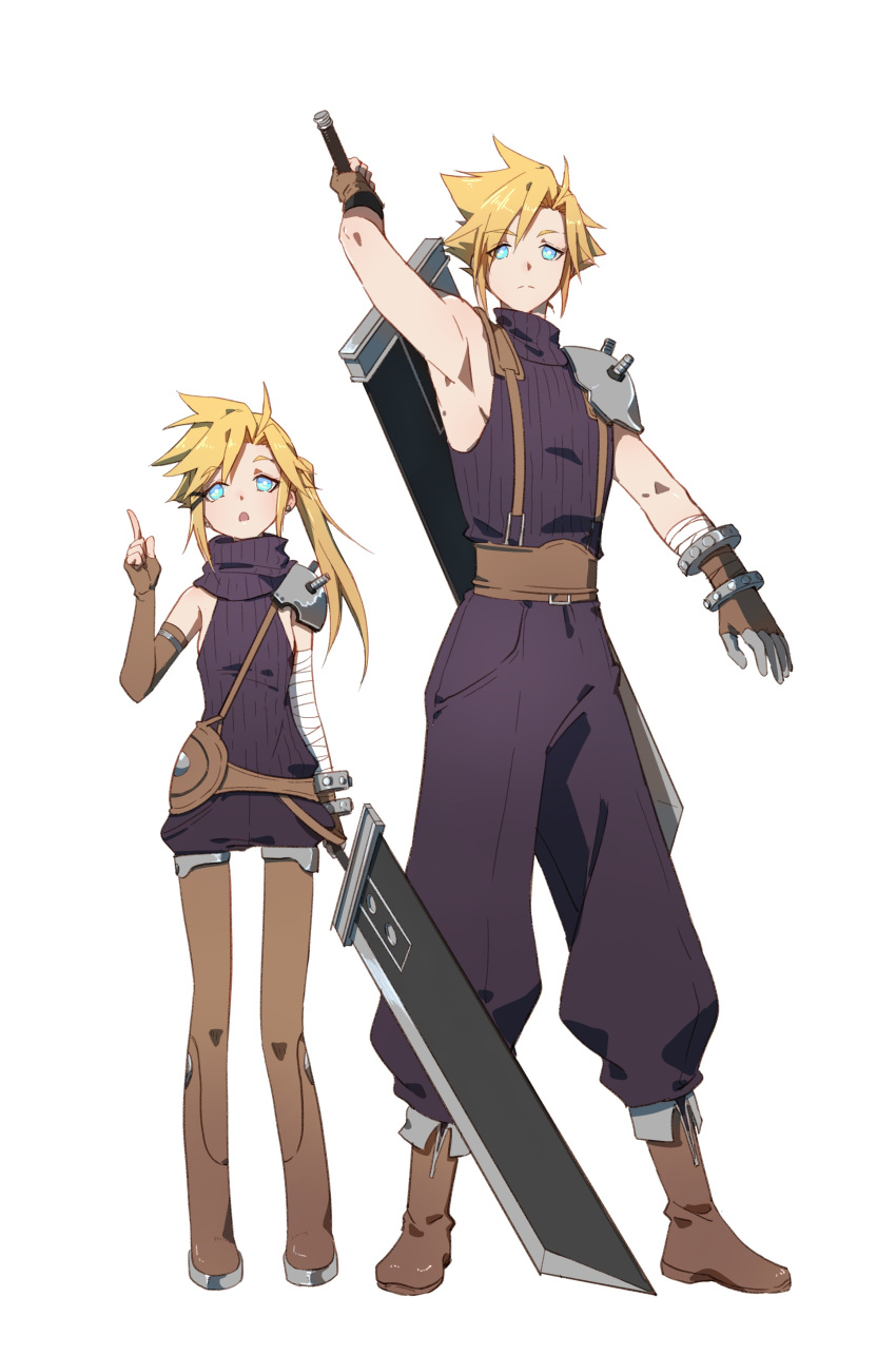 :o absurdres arm_up armor bandaged_arm bandages belt blonde_hair blue_eyes boots bracer bright_pupils brown_footwear brown_gloves buster_sword chinese_commentary cloud_strife commentary_request elbow_gloves expressionless fermium.ice final_fantasy final_fantasy_vii fingerless_gloves genderswap genderswap_(mtf) gloves hand_up height_difference highres holding holding_sword holding_weapon leather_belt long_hair multiple_belts open_mouth pauldrons pointing pointing_up ponytail puffy_pants puffy_shorts purple_sweater short_hair shorts shoulder_armor shoulder_belt simple_background single_elbow_glove single_pauldron sleeveless sleeveless_sweater sleeveless_turtleneck spiky_hair suspenders sweater sword sword_on_back thigh_boots turtleneck turtleneck_sweater weapon weapon_on_back white_background