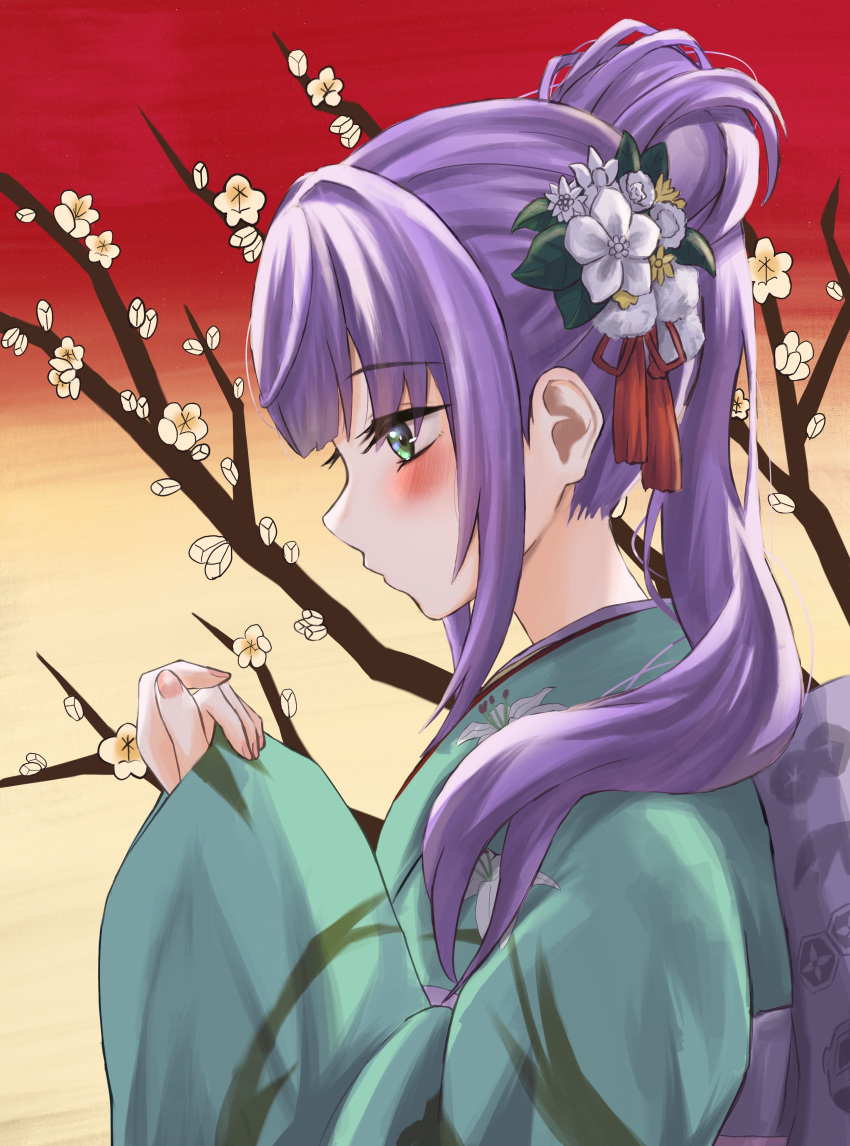 1girl absurdres blush commentary flower from_side gradient_background green_eyes green_kimono hair_bun hair_flower hair_ornament hand_up hasu_no_sora_karuta_(love_live!) high_ponytail highres japanese_clothes kimono link!_like!_love_live! long_hair long_sleeves love_live! official_alternate_costume otomune_kozue ponyou1030 profile puckered_lips purple_hair red_background sidelocks single_hair_bun solo virtual_youtuber white_flower wide_sleeves yellow_background