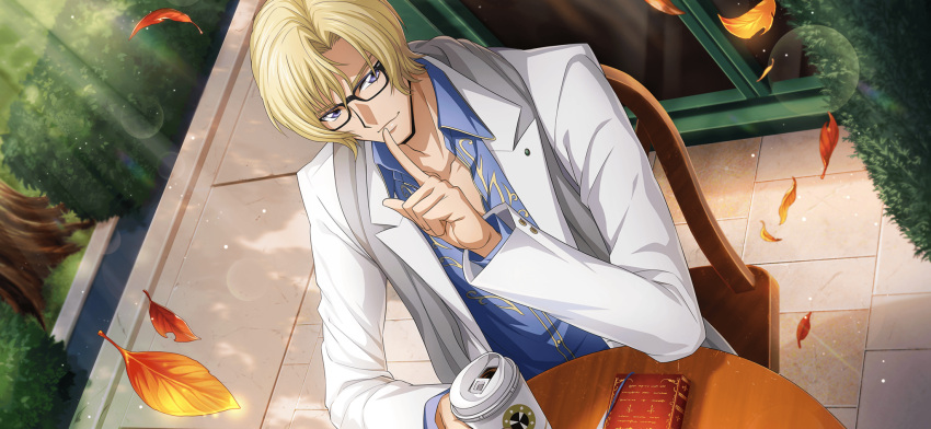 1boy artist_request black-framed_eyewear blonde_hair blue_eyes blue_shirt blurry bokeh book bush casual closed_mouth code_geass code_geass:_lost_stories coffee collarbone collared_shirt cup day depth_of_field disposable_cup drink dutch_angle falling_leaves finger_to_mouth from_above game_cg glasses grey_scarf hand_up happy highres holding holding_cup holding_drink index_finger_raised jacket layered_sleeves leaf light_particles light_rays long_sleeves looking_at_viewer male_focus non-web_source official_art on_chair open_clothes open_jacket outdoors scarf schneizel_el_britannia shirt short_hair shushing sidelocks sitting smile solo sunlight table upper_body white_jacket