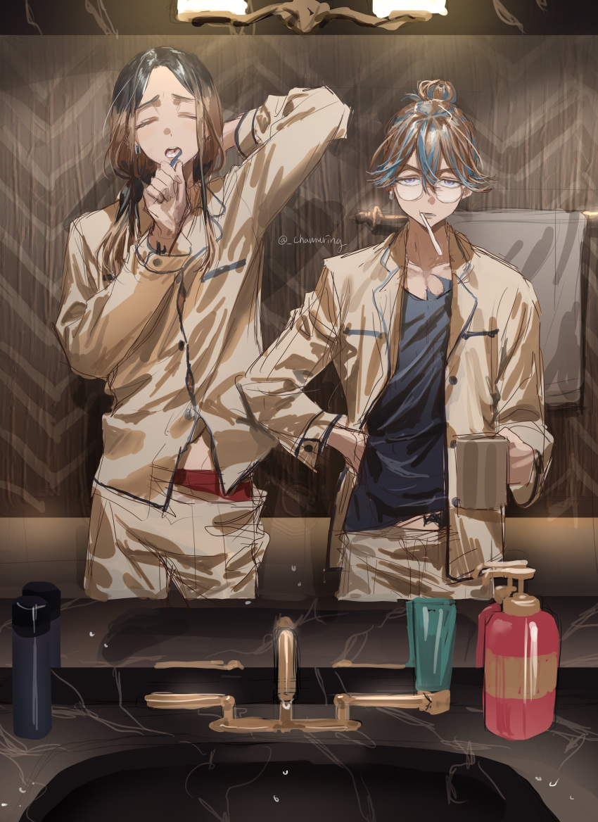 2boys absurdres arm_behind_head bathroom blonde_hair brothers brushing_teeth chamuring closed_eyes cup frown glasses haitani_ran haitani_rindou hand_on_own_hip highres holding holding_cup holding_toothbrush looking_at_mirror male_focus mirror multicolored_hair multiple_boys open_mouth pajamas pants reflection siblings sink sleepy standing straight_hair streaked_hair tokyo_revengers toothbrush twitter_username violet_eyes yawning yellow_pajamas