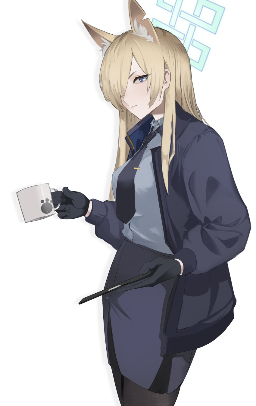 1girl absurdres animal_ear_fluff animal_ears black_gloves black_pantyhose blonde_hair blue_archive blue_eyes blue_halo blue_necktie blue_shirt blue_sky breasts clenched_teeth collared_shirt cowboy_shot cup dog_ears extra_ears gloves hair_over_one_eye halo highres holding holding_cup holding_tablet_pc jacket kanna_(blue_archive) long_hair long_sleeves looking_at_viewer loserdude mug necktie notched_ear open_clothes open_jacket pantyhose pencil_skirt sharp_teeth shirt shirt_tucked_in simple_background skirt sky solo tablet_pc teeth white_background