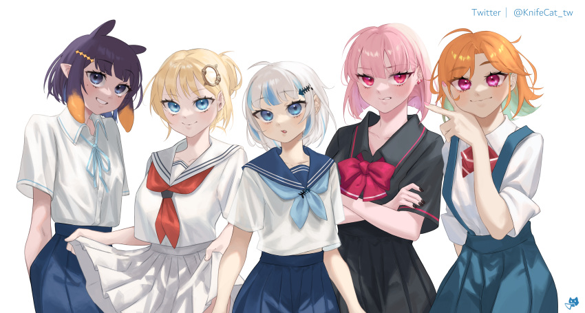 5girls absurdres ahoge alternate_costume arms_at_sides arms_behind_back black_nails black_sailor_collar black_serafuku black_shirt black_skirt black_thighhighs blonde_hair blue_eyes blue_hair blue_neckerchief blue_sailor_collar blue_skirt blunt_bangs blush bob_cut bow bowtie choppy_bangs closed_mouth clothes_lift collared_shirt colored_inner_hair commentary crossed_arms earrings english_commentary eyelashes fang fish_bone_hair_ornament gawr_gura gradient_hair green_hair grey_eyes grey_hair grin hair_bun hair_ornament hairclip head_tilt highres hololive hololive_english holomyth jewelry knifecat lifted_by_self long_sleeves looking_at_viewer miniskirt mixed-language_commentary mori_calliope multicolored_hair multiple_girls nail_polish neckerchief ninomae_ina'nis official_alternate_hair_length official_alternate_hairstyle orange_hair parted_lips pink_eyes pink_nails pleated_skirt pointy_ears purple_hair red_bow red_bowtie red_neckerchief sailor_collar school_uniform serafuku shirt short_hair short_sleeves simple_background single_hair_bun skirt skirt_lift sleeves_rolled_up smile straight_hair streaked_hair suspender_skirt suspenders swept_bangs takanashi_kiara tentacle_hair thigh-highs twitter_username uniform upper_body v violet_eyes virtual_youtuber watson_amelia white_background white_sailor_collar white_serafuku white_shirt white_skirt