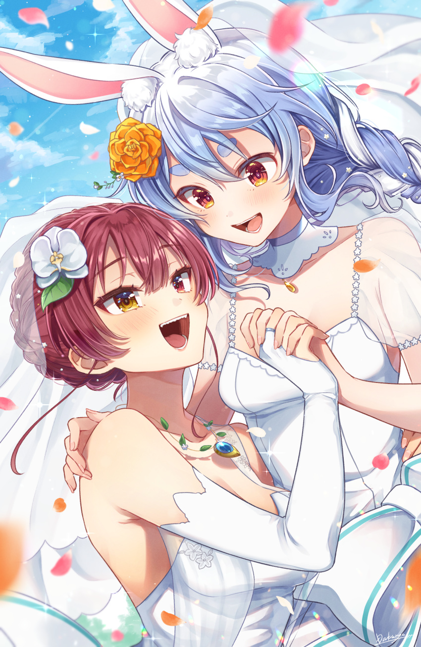 2girls absurdres alternate_costume animal_ear_fluff animal_ears blue_hair blue_sky blush braid clouds collar dakuryuu detached_collar dress flower hair_flower hair_ornament heterochromia highres holding_hands hololive houshou_marine interlocked_fingers long_hair multicolored_hair multiple_girls open_mouth orange_eyes petals rabbit-shaped_pupils rabbit_ears rabbit_girl red_eyes short_eyebrows short_hair sky smile streaked_hair symbol-shaped_pupils twin_braids usada_pekora veil virtual_youtuber wedding_dress white_collar white_dress white_hair yellow_eyes