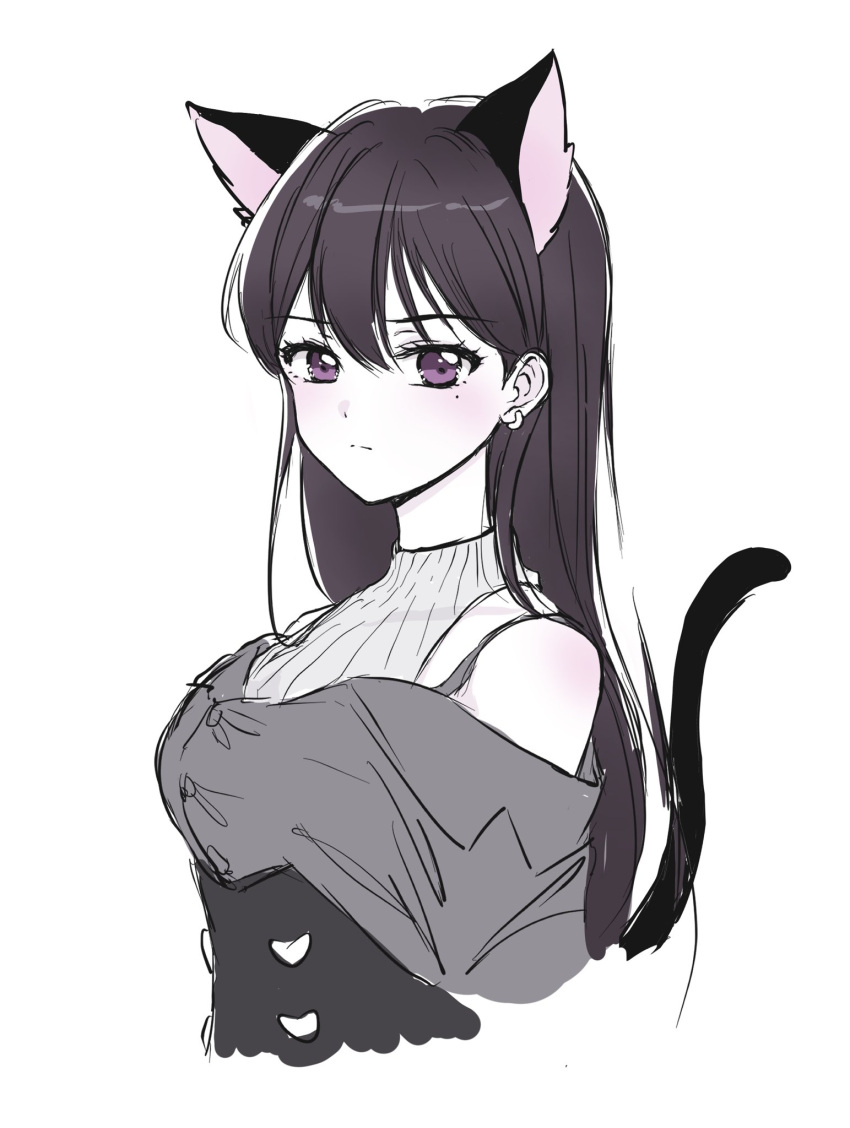 1girl animal_ears bang_dream! bang_dream!_it's_mygo!!!!! blush brown_hair cat_ears cat_girl cat_tail commentary earrings grey_shirt hashtag-only_commentary highres jewelry kemonomimi_mode long_hair looking_at_viewer mole mole_under_eye off_shoulder ppora ribbed_sweater shiina_taki shirt simple_background sleeveless sleeveless_sweater solo sweater tail upper_body violet_eyes white_background white_sweater