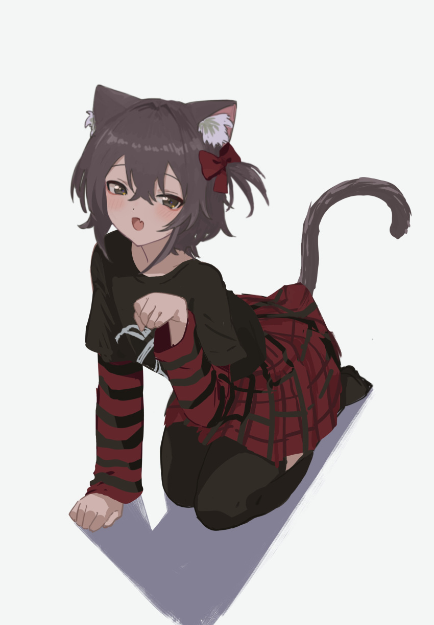 1girl absurdres animal_ears arm_support black_shirt black_thighhighs bow brown_eyes brown_hair cat_ears cat_girl cat_tail hair_bow hair_intakes hand_up high-waist_skirt highres kgt_(pixiv12957613) layered_shirt leaning_forward long_sleeves looking_at_viewer miniskirt no_shoes one_side_up original paw_pose plaid plaid_skirt pleated_skirt print_shirt red_bow red_shirt red_skirt seiza shadow shirt shirt_tucked_in short_hair sidelocks simple_background sitting skirt solo striped_clothes striped_shirt tail thigh-highs two-tone_shirt white_background