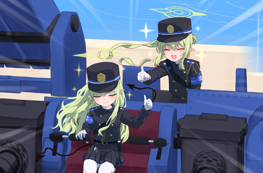 2girls armband black_skirt blue_archive blue_armband closed_eyes commentary_request demon_tail emphasis_lines fang floating_hair gloves green_hair hat highres hikari_(blue_archive) kisamu_(ksmz) long_hair multiple_girls nozomi_(blue_archive) pantyhose pointy_ears shako_cap sitting skin_fang skirt smile sparkle tail thumbs_up v-shaped_eyebrows white_gloves white_pantyhose