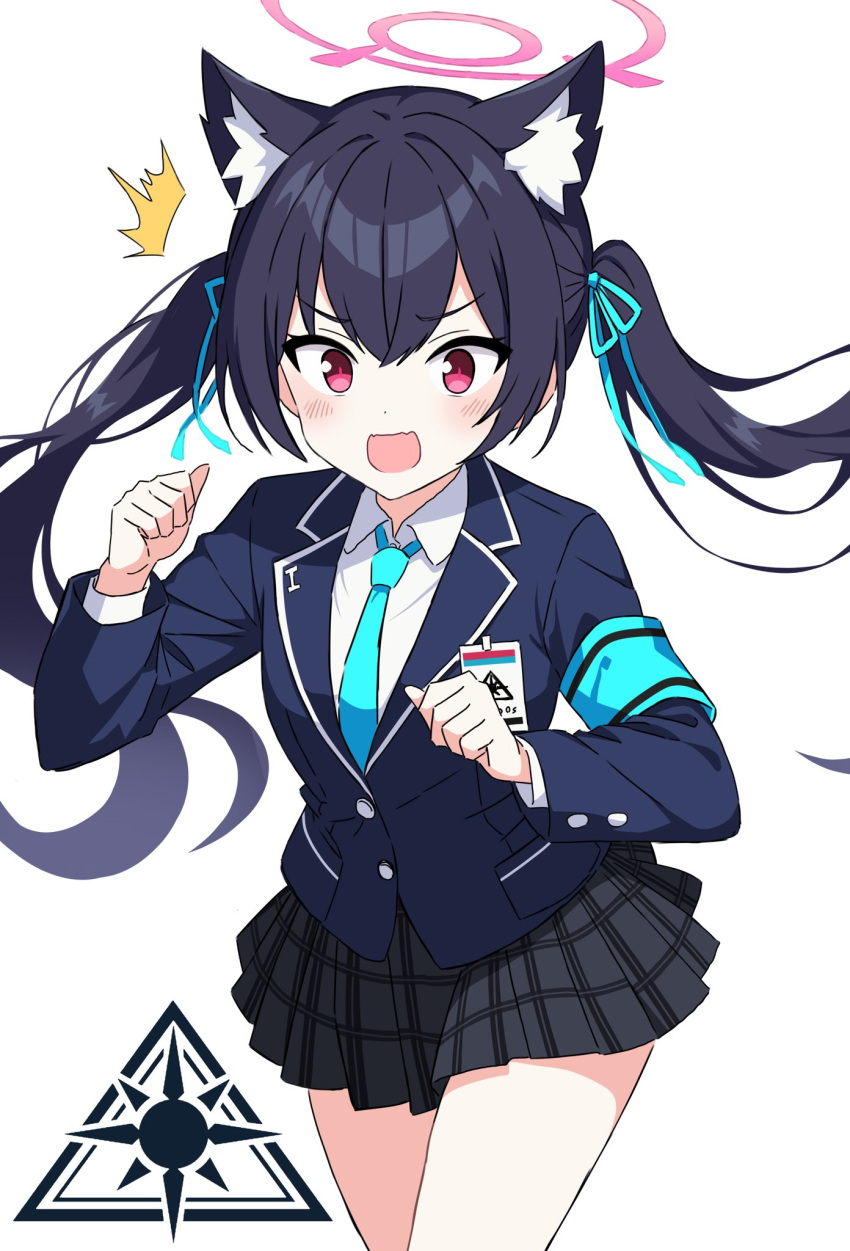 1girl ^^^ animal_ear_fluff animal_ears armband black_hair black_skirt blazer blue_archive blue_armband blue_jacket blue_necktie blue_ribbon blush cat_ears clenched_hands collared_shirt commentary double-parted_bangs hair_ribbon halo hands_up highres id_card jacket kousuke0912 logo long_hair long_sleeves looking_at_viewer miniskirt necktie pink_halo plaid plaid_skirt pleated_skirt red_eyes ribbon serika_(blue_archive) shirt sidelocks simple_background skirt solo twintails v-shaped_eyebrows white_background white_shirt