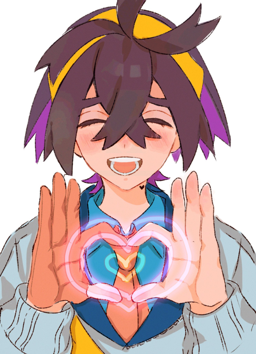 1boy :d blush closed_eyes collared_shirt colored_inner_hair commentary_request crossed_bangs gloves hairband hands_up heart heart_hands highres jacket kieran_(pokemon) male_focus mofumofuyarou mole mole_on_neck multicolored_hair necktie open_mouth partially_fingerless_gloves pokemon pokemon_sv shirt single_glove smile solo teeth upper_body white_background yellow_hairband