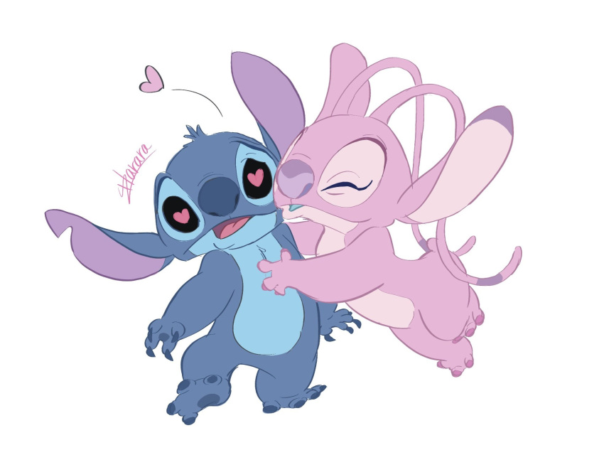 1boy 1girl angel_(lilo_&amp;_stitch) antennae artist_name black_sclera blue_fur closed_eyes colored_sclera disney full_body grey_background harara_mk2 heart heart-shaped_pupils highres kiss kissing_cheek lilo_&amp;_stitch open_mouth pink_fur signature simple_background stitch_(lilo_&amp;_stitch) symbol-shaped_pupils