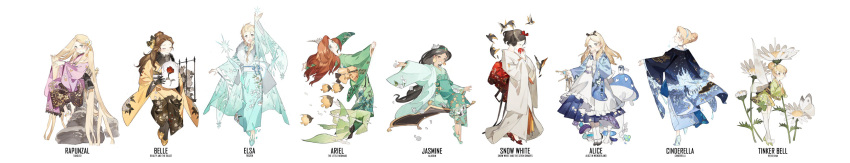 6+girls absurdly_long_hair absurdres air_bubble aladdin_(disney) alice_(alice_in_wonderland) alice_in_wonderland animal apple apron aqua_dress aqua_footwear aqua_hairband aqua_kimono aqua_sash ariel_(disney) arm_up asa_no_ha_(pattern) back barefoot beads beast_(disney) beauty_and_the_beast belle_(disney) bird biting black_choker black_dress black_footwear black_gloves black_hair black_hairband black_kimono black_ribbon black_sash black_socks blonde_hair blooming blue_dress blue_kimono blue_ribbon blue_string bouquet bow braid brown_hair bubble bug butterfly carpet castle character_name choker cinderella cinderella_(disney) cityscape closed_eyes closed_mouth clover collar commentary company_connection copyright_name covering_own_mouth dandelion dandelion_clock dandelion_seed disney disney_fairies_(film_series) disney_princess dress earrings elsa_(frozen) english_commentary facing_to_the_side fairy fairy_wings falling_feathers falling_petals feathers fence fins fish flats floral_print floral_print_kimono flower food food_bite frilled_apron frilled_collar frills from_behind frozen_(disney) fruit full_body fur_collar glass_container glass_slipper gloves gradient_dress gradient_kimono green_dress green_hairband green_kimono green_tail grey_eyes grey_flower hair_between_eyes hair_bun hair_flower hair_lift hair_ornament hair_over_shoulder hair_ribbon hairband hakama hakama_skirt half-closed_eyes hand_in_own_hair hand_up hands_in_hair hands_up haori heart hexagon high_heels highres holding holding_flower holding_food holding_fruit holding_hair holding_key horns ice jacket japanese_clothes jar jasmine_(disney) jewelry kanagawa_okinami_ura key keyring kimono leaning_back leaning_forward legs_together light_blush long_hair long_skirt long_sleeves looking_at_viewer looking_back magic_carpet maid_apron mermaid messy_hair mini_person minigirl monster_girl multicolored_ribbon multiple_girls mushroom night night_sky obi obiage obijime ocean open_mouth orange_hakama over-kneehighs pantyhose parted_bangs petals peter_pan_(disney) pink_kimono plant pleated_skirt princess print_kimono purple_dress purple_kimono purple_trim rapunzel_(disney) red_apple red_bow red_flower red_footwear red_rose ribbon ribbon_shoes riding road rock rose rose_petals sash seaweed see-through shell shell_hair_ornament short_dress short_hair short_kimono side_ponytail sidelocks single_braid single_hair_bun sitting skirt sky smile snow_white snow_white_(disney) snow_white_and_the_seven_dwarfs snowflake_hair_ornament snowflake_print snowflakes socks spiked_shell standing standing_on_one_leg star_(sky) star_(symbol) starshadowmagician string surgeonfish tabi tag tangled the_little_mermaid thigh-highs tinker_bell_(disney) toes town tropical_fish two-tone_dress two-tone_kimono very_long_hair waves white_apron white_background white_butterfly white_flower white_kimono white_pantyhose white_petals white_rose white_sash white_socks white_string white_trim wide_image wide_sleeves wings yellow_dress yellow_flower yellow_footwear yellow_ribbon yellow_sash yellow_trim yukata