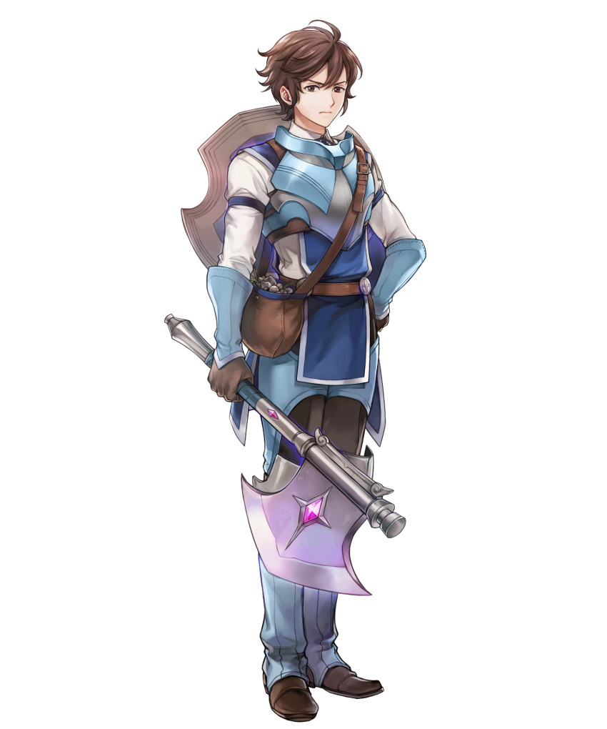 1boy aged_down axe brown_eyes brown_gloves brown_hair fire_emblem fire_emblem_awakening fire_emblem_heroes frederick_(child)_(fire_emblem) frederick_(fire_emblem) frown gloves highres holding holding_axe looking_at_viewer non-web_source pebble pouch shield shield_on_back short_hair solo tachi-e tagme v-shaped_eyebrows