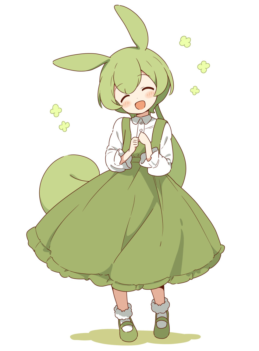 1girl :d absurdres blush closed_eyes collared_shirt dot_nose dress facing_viewer frilled_dress frills full_body green_dress green_footwear green_hair head_tilt highres long_dress long_hair long_sleeves low-tied_long_hair open_mouth own_hands_together pinafore_dress shadow shirt shoes sidelocks simple_background sleeveless sleeveless_dress smile socks solo standing voicevox white_background white_shirt white_socks zundamon zunmut