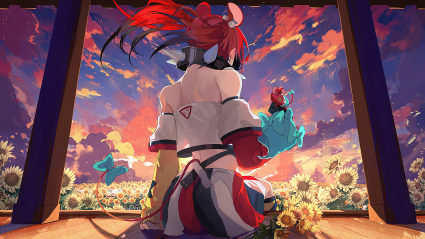 1girl animal_ears back bare_shoulders black_collar black_hair bow cheese clouds cloudy_sky collar colorful crop_top dice_hair_ornament dusk floral_background flower food hair_ornament hakos_baelz hakos_baelz_(1st_costume) highres hololive hololive_english long_hair looking_at_animal mouse_ears mouse_girl mouse_tail moyomo mr._squeaks_(hakos_baelz) multicolored_background multicolored_hair redhead skirt sky spiked_collar spikes streaked_hair sunflower tail twintails virtual_youtuber white_hair