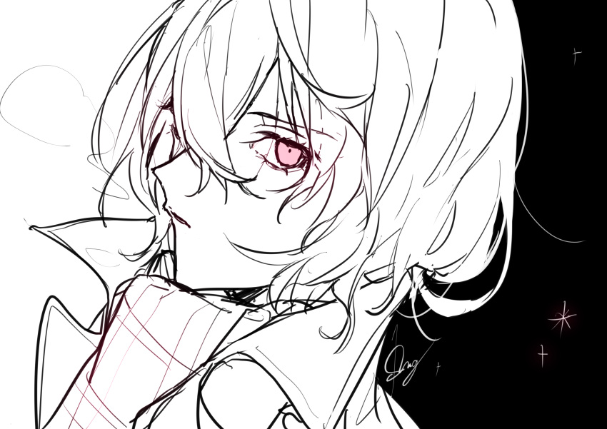 1boy absurdres akechi_gorou coat eyelashes greyscale hair_between_eyes high_collar highres looking_at_viewer messy_hair monochrome parted_lips persona persona_5 pink_eyes scarf shimogu short_hair sketch solo sparkle spot_color two-tone_background upper_body