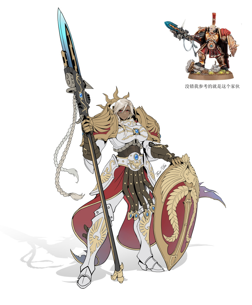 1girl absurdres adeptus_custodes armor armored_boots blonde_hair boobplate boots breasts dark-skinned_female dark_skin faulds flat_color full_body gauntlets guardian_spear highres holding holding_polearm holding_weapon large_breasts looking_at_viewer moonface photo-referenced photo_inset polearm red_eyes reference_inset shadow shield shoulder_armor solo spear standing waist_cape warhammer_40k weapon white_background