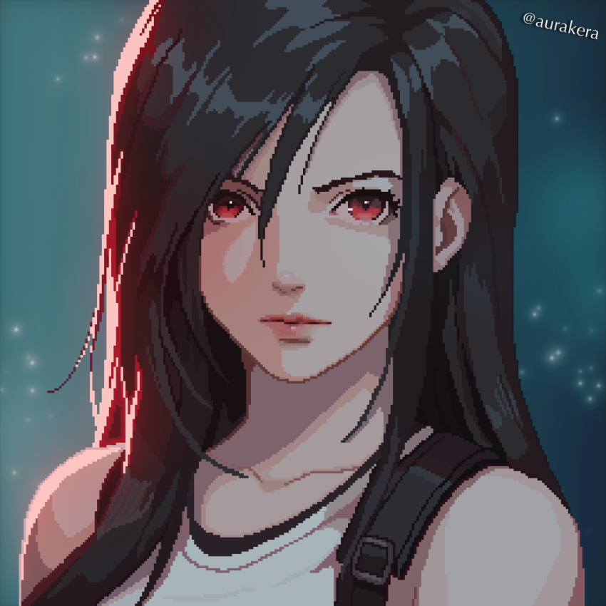 1girl absurdres artist_name aurakera black_hair close-up closed_mouth collarbone final_fantasy final_fantasy_vii green_background hair_between_eyes highres lips long_hair looking_at_viewer pixel_art portrait red_eyes solo suspenders tank_top tifa_lockhart upper_body v-shaped_eyebrows white_tank_top