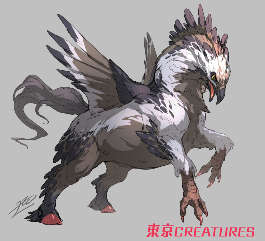 animal_focus beak bird_wings claws feathered_wings feathers from_side full_body griffin highres hooves horse_tail mixed_limbs monster no_humans open_mouth original signature sketch solo tail wings yamamura_le yellow_eyes