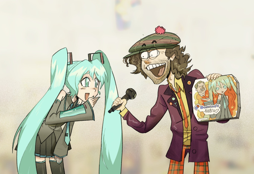 1boy 1girl aqua_eyes aqua_hair aqua_necktie beard black_skirt black_thighhighs blush brown_hair collared_shirt detached_sleeves domino's_pizza english_commentary facial_hair glasses green_hat grey_shirt hair_ornament hatsune_miku highres holding holding_microphone jacket long_hair long_sleeves looking_at_another medium_hair messy_hair microphone nardwuar necktie open_mouth orange_necktie pants pizza_box plaid plaid_pants pleated_skirt purple_jacket real_life robert_gilliam shirt skirt teeth thigh-highs toon_(style) twintails upper_teeth_only vocaloid yellow_shirt