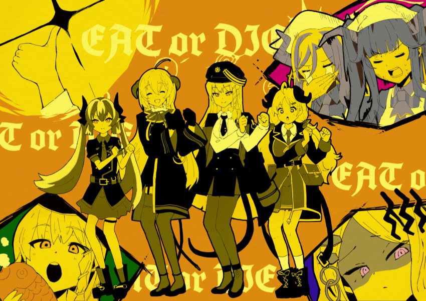 6+girls ahoge akari_(blue_archive) belt black_hair black_hat black_horns bling-bang-bang-born_(creepy_nuts) blue_archive boots braid closed_eyes closed_mouth coat coat_on_shoulders crying demon_horns food fuuka_(blue_archive) haruna_(blue_archive) hat head_scarf hina_(blue_archive) holding holding_food horns izumi_(blue_archive) junko_(blue_archive) juri_(blue_archive) long_hair long_sleeves multiple_girls multiple_views necktie open_clothes open_coat open_mouth pantyhose peaked_cap pointy_ears red_eyes shaded_face short_sleeves side_braid skirt smile socks spot_color taiyaki twintails violet_eyes wagashi yucblossom