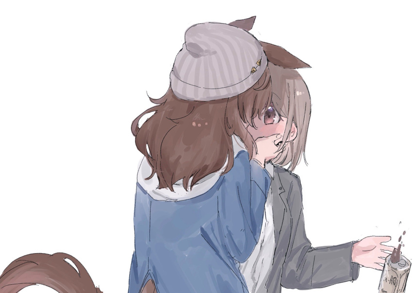 2girls animal_ears beanie blue_jacket brown_hair can canned_coffee charan_(4963_nkym) drink_can dropping female_trainer_(umamusume) grey_hair grey_hat hands_on_another's_cheeks hands_on_another's_face hat highres hood hood_down hooded_jacket horse_ears horse_girl horse_tail implied_kiss jacket long_hair long_sleeves multiple_girls nakayama_festa_(umamusume) shirt short_hair tail trainer_(umamusume) umamusume upper_body white_background white_shirt yuri