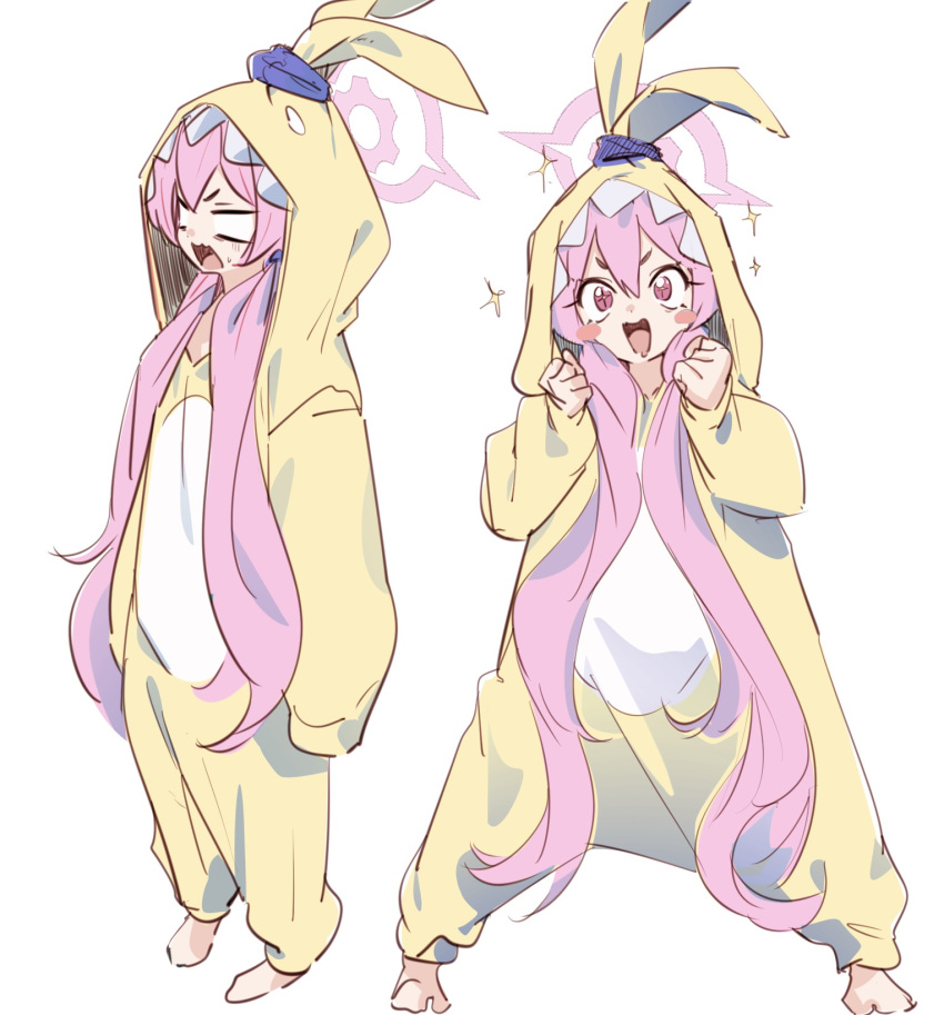 1girl animal_costume blank_eyes blue_archive blush_stickers hair_between_eyes halo hands_up highres hood hood_up koyuki_(blue_archive) long_hair long_sleeves looking_at_viewer multiple_views ocha_(popopogg) open_mouth pajamas pink_eyes pink_hair pink_halo rabbit_costume simple_background smile standing twintails very_long_hair white_background