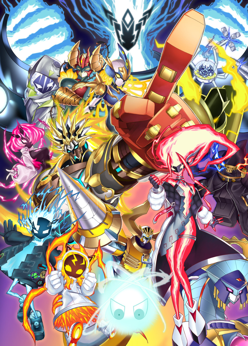 6+boys 6+girls absurdres blonde_hair blue_hair coat cropped_jacket duel_monster electricity endless_engine_argyro_system enmo_takeshita eye_mask gigantic_spright headphones highres jacket long_hair medium_hair multiple_boys multiple_girls pink_hair pink_jacket redhead short_hair spright_blue spright_carrot spright_elf spright_jet spright_pixies spright_red spright_sprind therion_bull_ain therion_empress_alasia therion_king_regulus therion_lili_borea therion_reaper_fum white_coat yu-gi-oh!