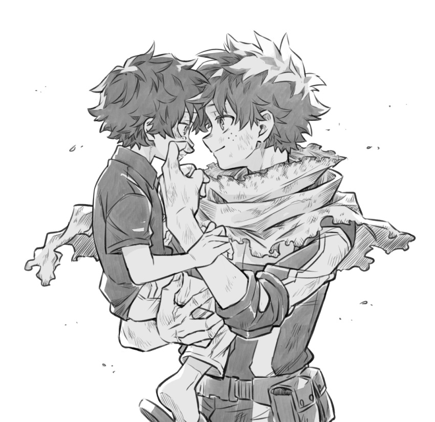 2boys aged_down belt bodysuit boku_no_hero_academia carrying carrying_person child closed_mouth collared_shirt commentary_request dual_persona fingernails freckles greyscale looking_at_another male_focus midoriya_izuku monochrome multiple_boys pocket roho_rkgk scarf shirt short_hair short_sleeves shorts simple_background slippers smile spiky_hair standing superhero_costume t-shirt tearing_up torn_clothes torn_scarf