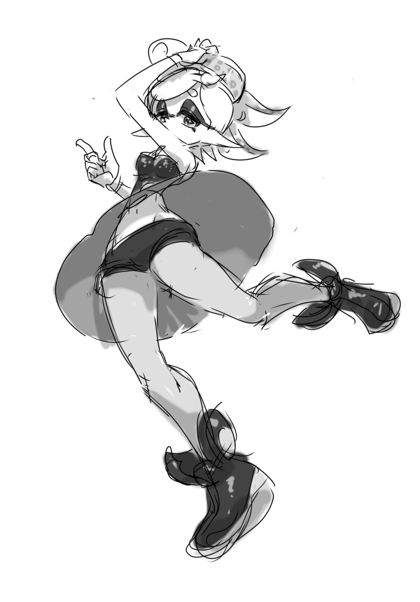 1girl ankle_boots arm_up boots bow-shaped_hair cross-shaped_pupils dress full_body gloves groin hand_on_own_head highres koharu2.5 marie_(splatoon) monochrome navel object_on_head pantyhose pointy_ears short_eyebrows short_hair shorts shorts_under_dress simple_background sketch solo splatoon_(series) splatoon_1 symbol-shaped_pupils tentacle_hair white_background