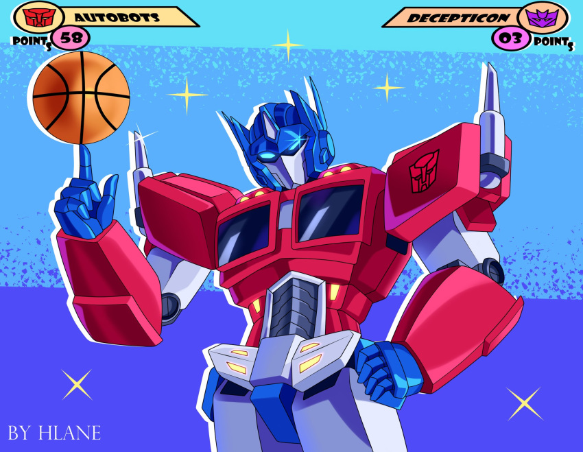 artist_name autobot ball basketball_(object) cowboy_shot english_commentary glowing glowing_eyes hand_on_own_hip highres hlane looking_at_viewer mecha mecha_focus no_humans optimus_prime robot science_fiction solo sparkle transformers transformers:_generation_1