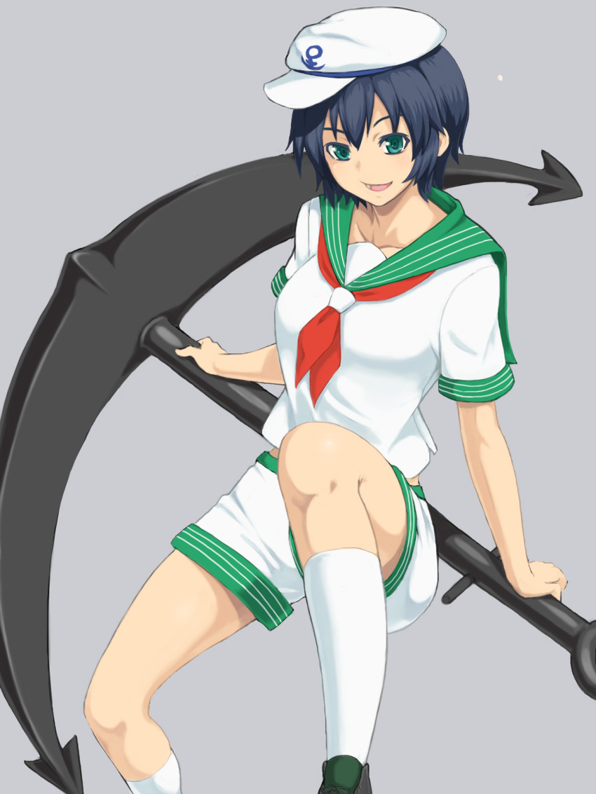 1girl anchor anchor_symbol black_hair commentary feet_out_of_frame green_eyes green_sailor_collar hat highres kakone looking_at_viewer murasa_minamitsu sailor sailor_collar sailor_hat shirt short_hair short_sleeves shorts socks solo touhou white_shirt white_shorts white_socks