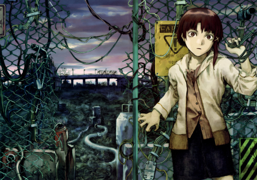 1girl abe_yoshitoshi absurdres asymmetrical_hair black_skirt bridge brown_eyes brown_hair cable chain-link_fence clouds fence hair_ornament hairclip highres industrial_pipe iwakura_lain jacket long_sleeves looking_at_viewer non-web_source scan serial_experiments_lain short_hair sign single_sidelock skirt sky solo standing warning_sign white_jacket wire x_hair_ornament