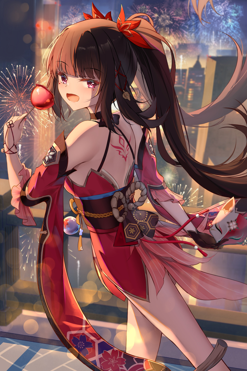 1girl :d absurdres back_tattoo bare_legs bare_shoulders blush brown_hair building candy_apple cityscape commentary_request detached_sleeves dongyue_sakura evening fireworks food from_side gloves hair_ribbon hand_up highres holding holding_mask honkai:_star_rail honkai_(series) japanese_clothes kimono leaning_forward long_hair looking_at_viewer looking_back mask mole mole_under_eye nail_polish outdoors pink_eyes pink_nails red_kimono red_ribbon ribbon single_glove skyscraper smile solo sparkle_(honkai:_star_rail) standing tattoo twintails very_long_hair