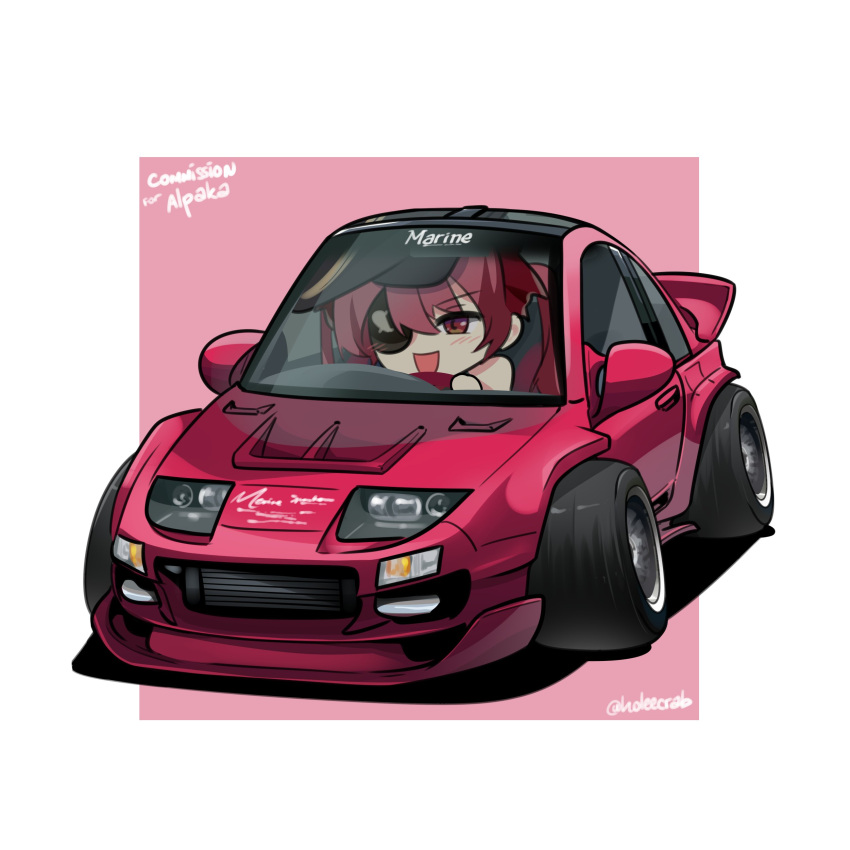 1girl absurdres black_hat blush border car chibi commission driving english_commentary eyepatch hair_behind_ear highres holeecrab hololive houshou_marine long_hair looking_to_the_side motor_vehicle nissan nissan_300zx nissan_300zx_(z32) nissan_fairlady_z one_eye_covered outside_border red_eyes redhead shadow simple_background smile solo sports_car stance_(vehicle) twintails twitter_username vehicle_focus virtual_youtuber white_border