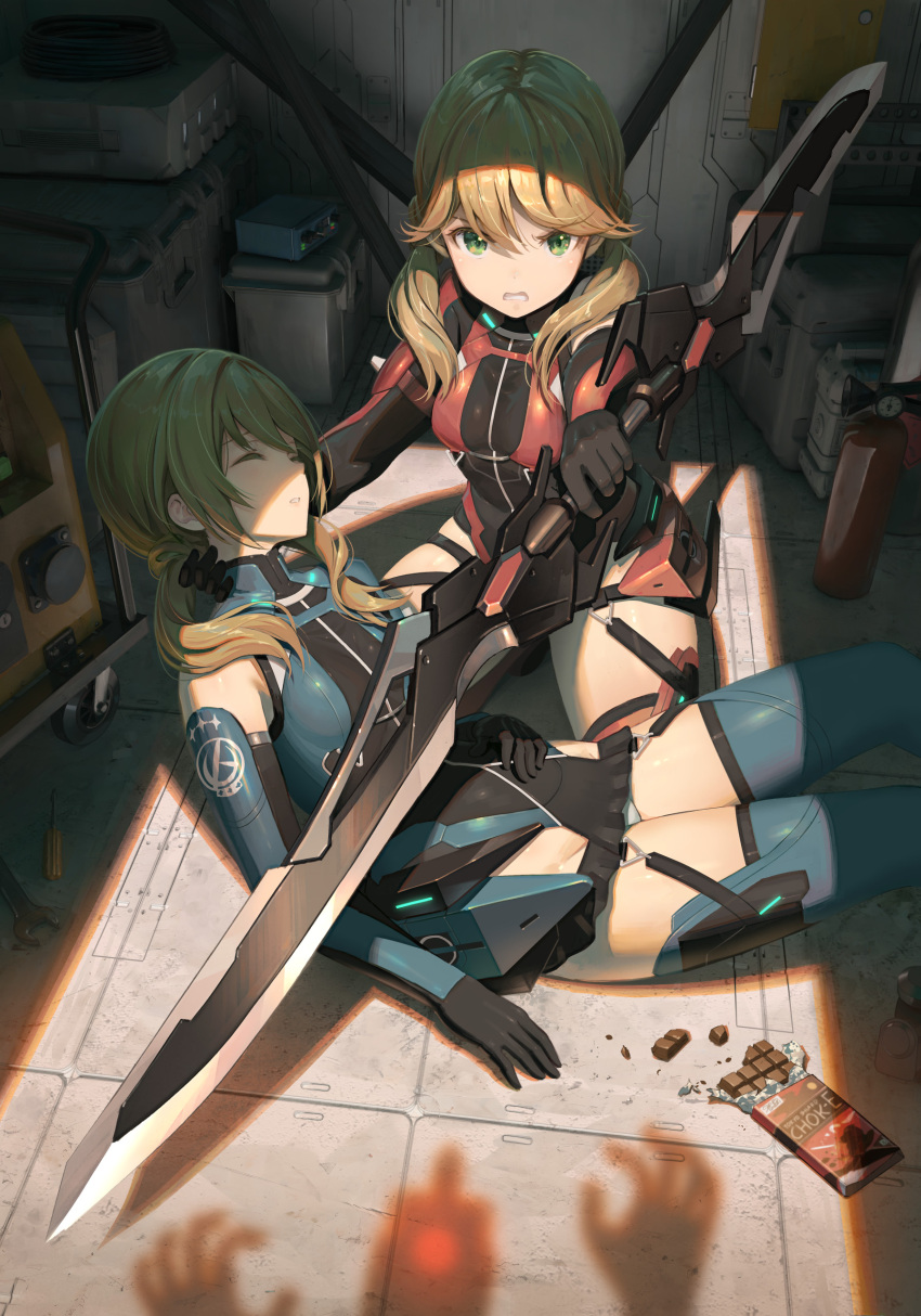 2girls absurdres alice_gear_aegis black_gloves brown_hair clenched_teeth commentary_request gloves green_eyes hair_between_eyes highres holding holding_sword holding_weapon kneeling kotomura_akane kotomura_amane leotard long_hair looking_at_viewer low_twintails multiple_girls pinakes shadow sword teeth thigh-highs twintails weapon